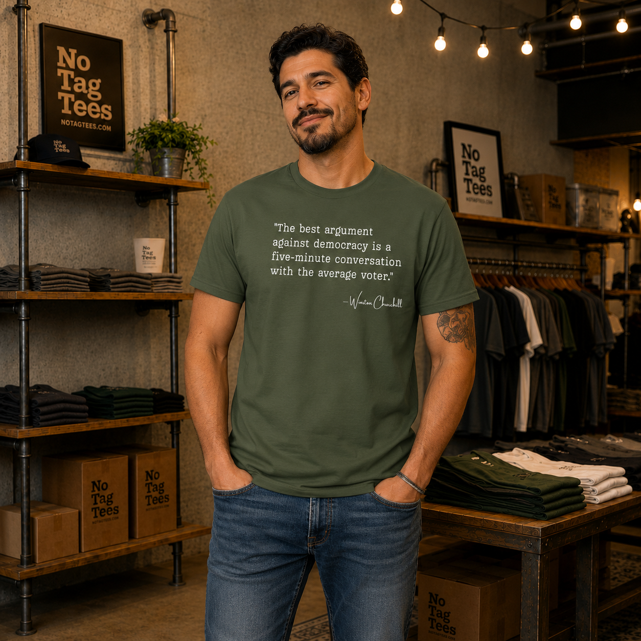 Winston Churchill Quote T-Shirt - "Best Argument Against Democracy..."
