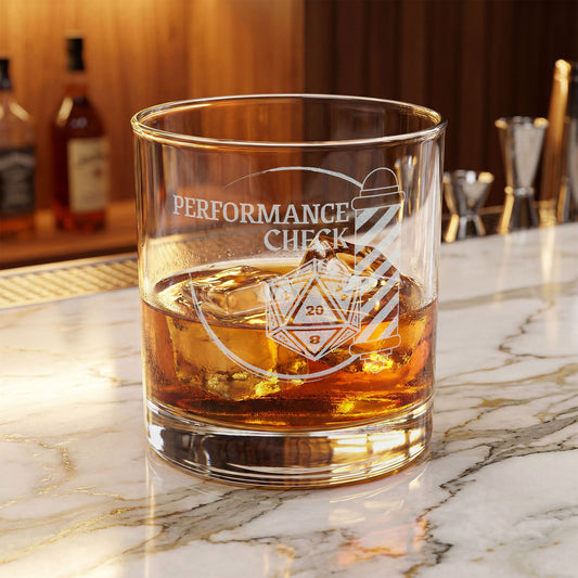 Performance Check Quartet Engraved Whiskey Glass — 10.5 oz Rocks Glass
